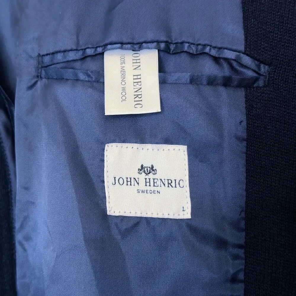 John Henric Knitted Blazer Jacket Mens L Merino Wool Navy Lined Office Event NWT